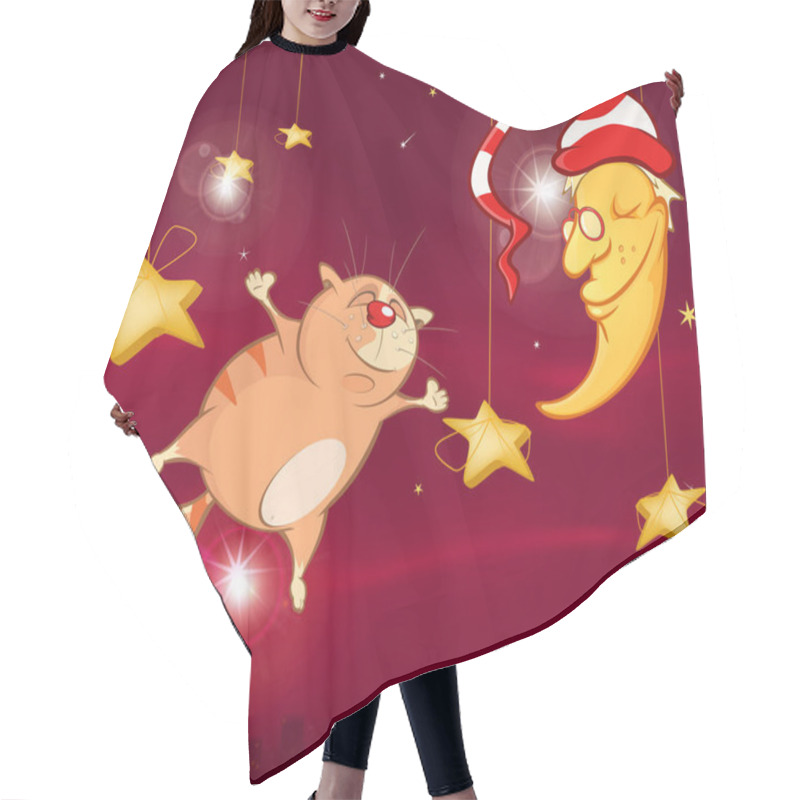 Personality  Illustration Of Cute Cartoon Cat Character With Hanging Stars And Moon Hair Cutting Cape