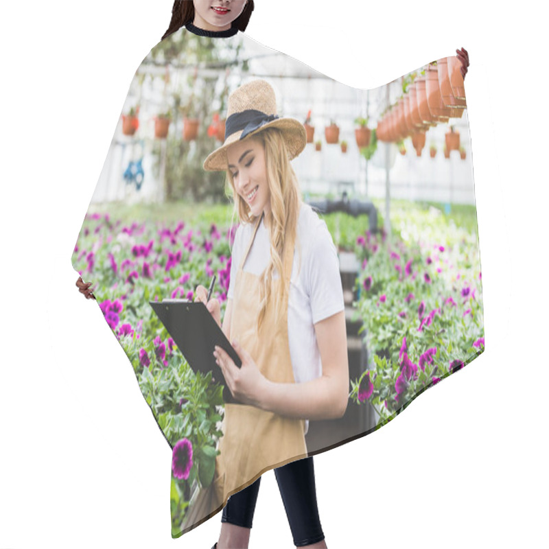 Personality  Young Female Owner Of Glasshouse With Clipboard Filling Order Of Flowers Hair Cutting Cape