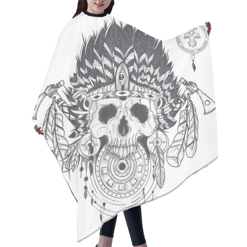 Personality  Vector Illustration Of A Human Skull In An Indian Feather Hat, Tattoo Template Hair Cutting Cape