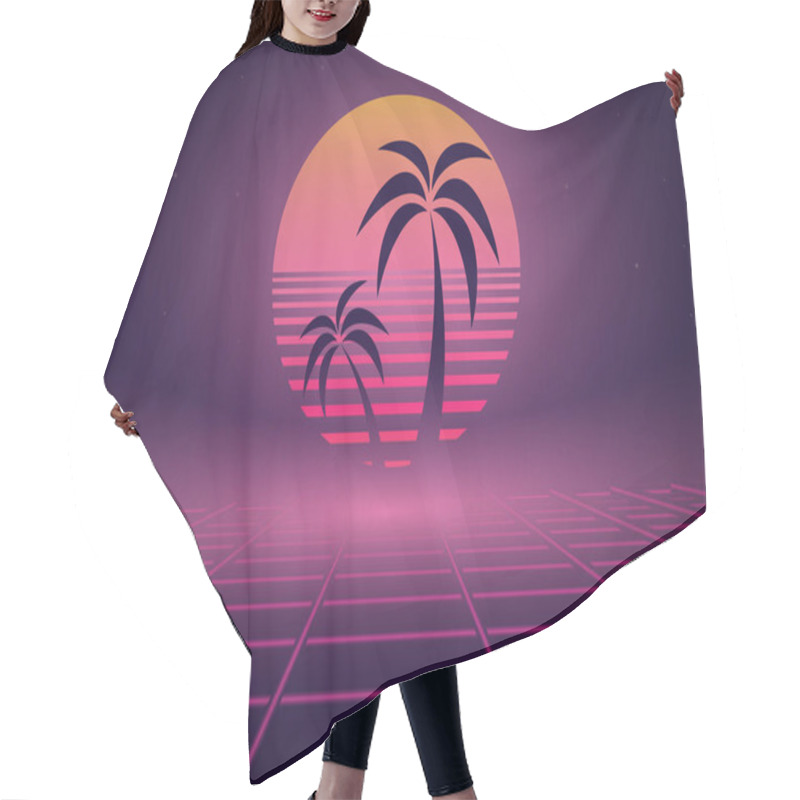 Personality   80s Retro Wave Neon Landscape With Palm Trees. Vector Image. Hair Cutting Cape