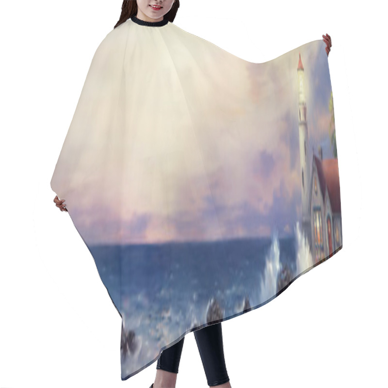 Personality  Lighthouse Sea Oil Painting Panoramic Hair Cutting Cape