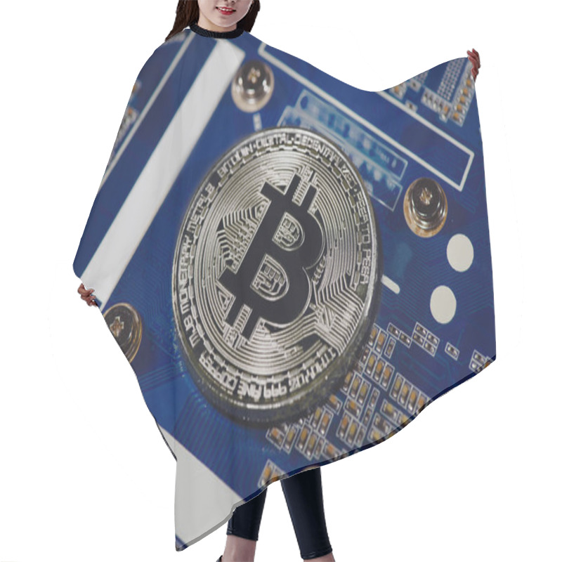 Personality  Close Up View Of Silver Bitcoin On Computer Motherboard Hair Cutting Cape