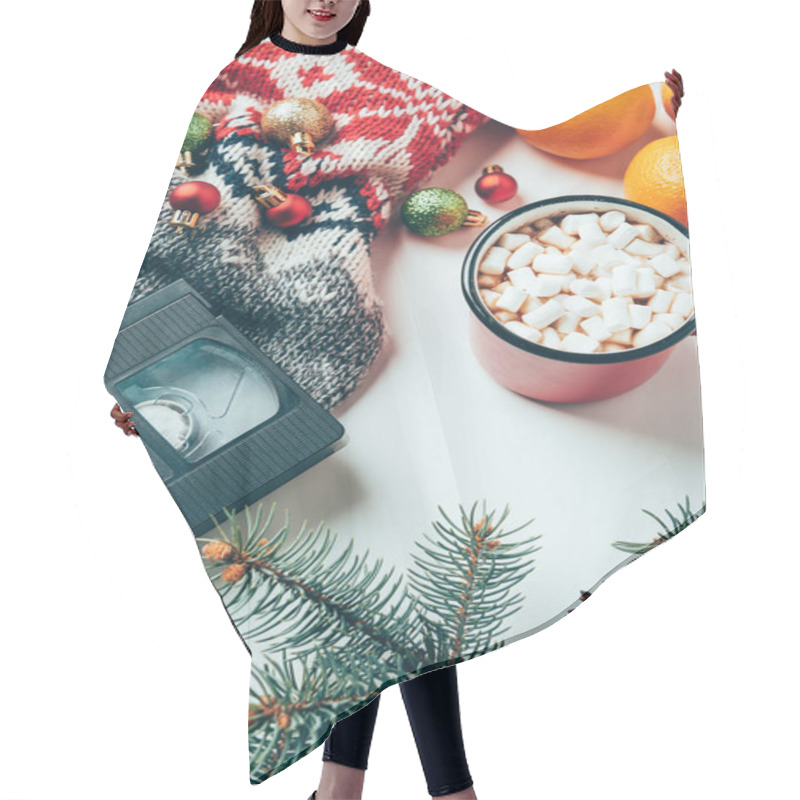 Personality  Top View Of Video Cassette, Sweater, Christmas Balls And Cup Of Hot Drink With Marshmallows On White Surface Hair Cutting Cape