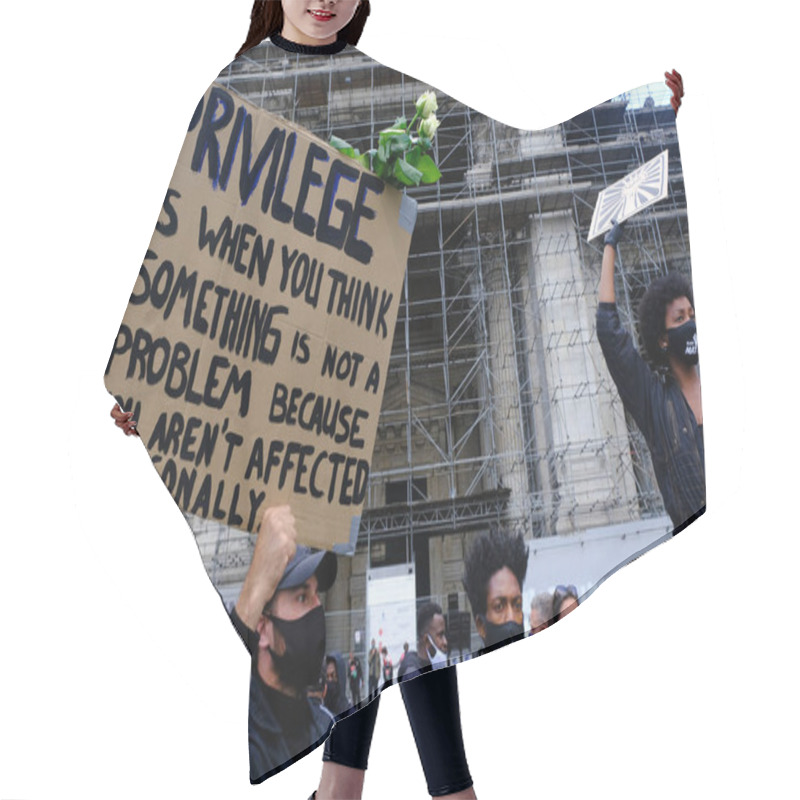 Personality  Protesters Hold Placards As They Gather In Central Brussels During The Black Lives Matter Protest Rally, Sunday, June 7, 2020.  Hair Cutting Cape