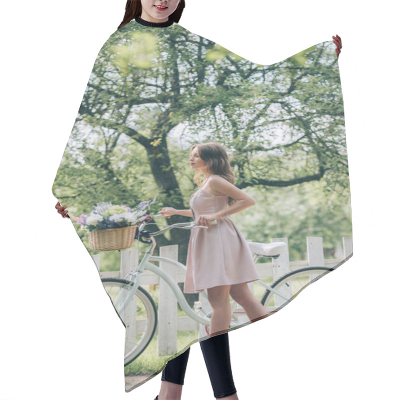 Personality  Side View Of Young Woman In Dress With Retro Bicycle With Wicker Basket Full Of Flowers At Countryside Hair Cutting Cape