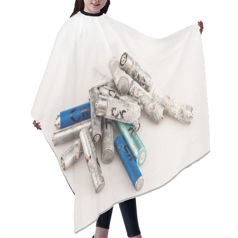 Personality  Pile Of Used Batteries On White Background Hair Cutting Cape