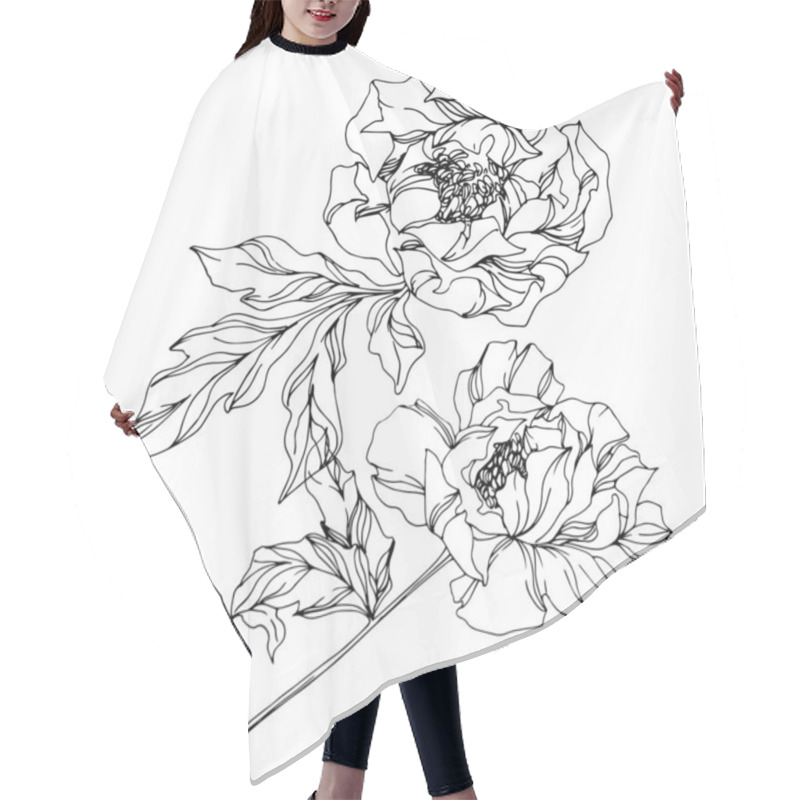 Personality  Peony Botanical Flowers. Wild Spring Leaf. Black And White Engraved Ink Art. Isolated Peonies Illustration Element. Hair Cutting Cape