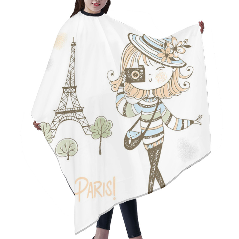 Personality  Cute Girl With A Camera In Paris. Travel. Vector Hair Cutting Cape