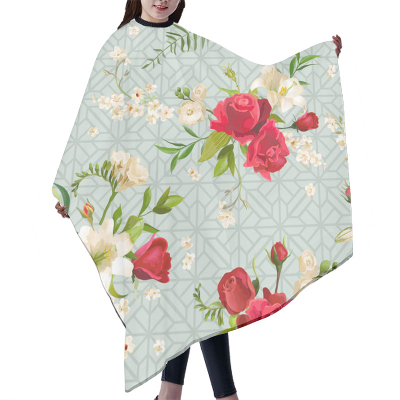 Personality  Vintage Rose And Lily Flowers Background. Spring And Summer Seamless Pattern In Vector Hair Cutting Cape