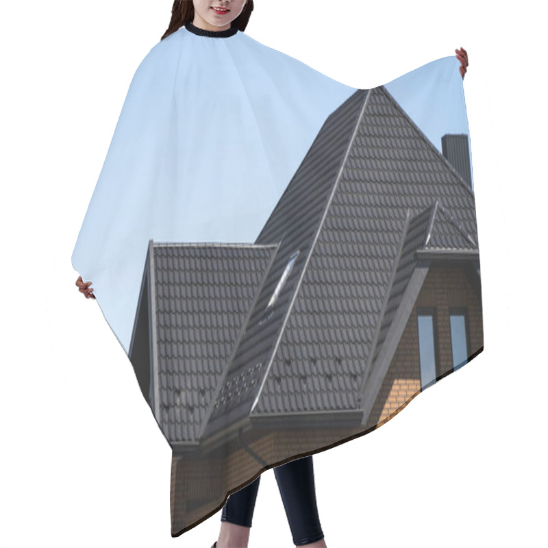 Personality  Brown Corrugated Metal Profile Roof Installed On A Modern House With A Attic Windows. The Roof Of Corrugated Sheet. Roofing Of Metal Profile Wavy Shape. Modern Roof Made Of Metal. Metal Roofing. Hair Cutting Cape