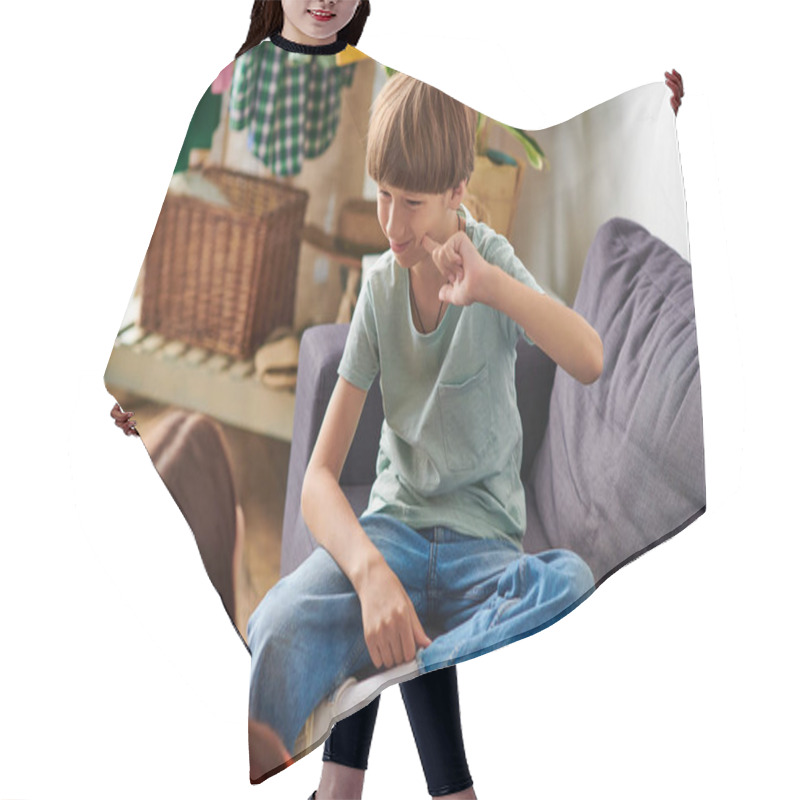 Personality  A Mother Engages Happily With Her Son, Fostering Communication And Connection. Hair Cutting Cape