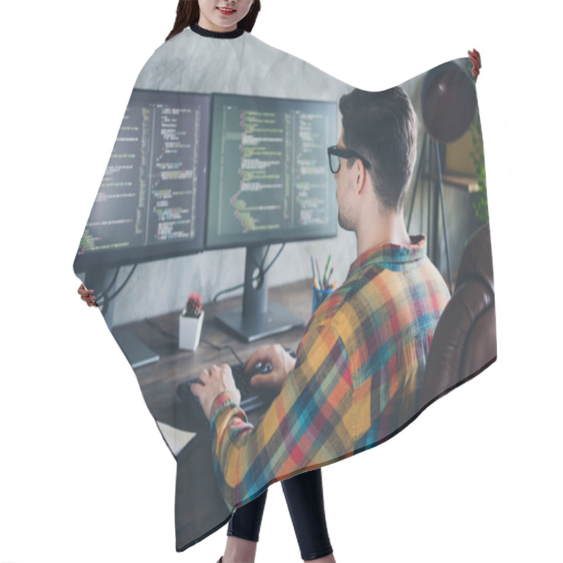 Personality  Rear Back View Photo Of Remote Worker Man Focused On Creating Perfect Data Analysis Automatic Bot Code Sitting Armchair At Home Office. Hair Cutting Cape