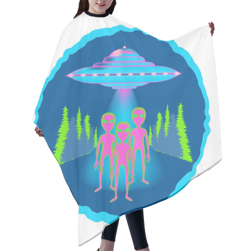 Personality  Ufo Flying In The Sky. Round Badge, Print, Poster In Neon Color With A Flying Saucer And Aliens On The Background Of The Forest. Vector Illustration. Hair Cutting Cape