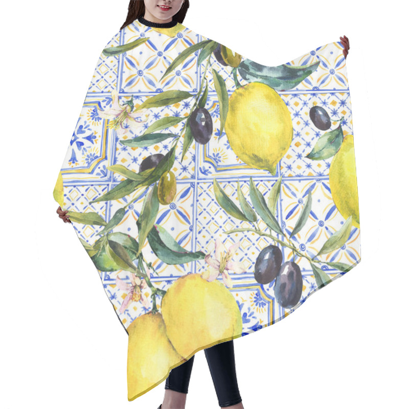 Personality  Watercolor Lemon, Olive Branches Ornament Seamless Pattern, Hand Drawn Yellow, Blue Print Texture. Vintage Summer Wallpaper. Hair Cutting Cape