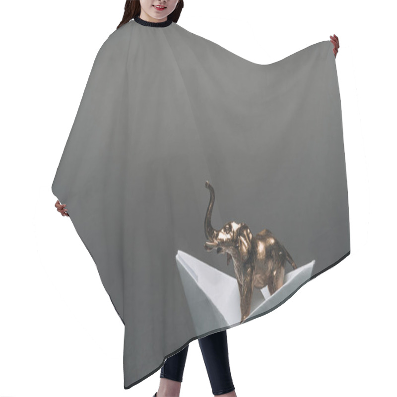 Personality  Golden Toy Elephant In Paper Boat On Grey Background, Animal Welfare Concept Hair Cutting Cape