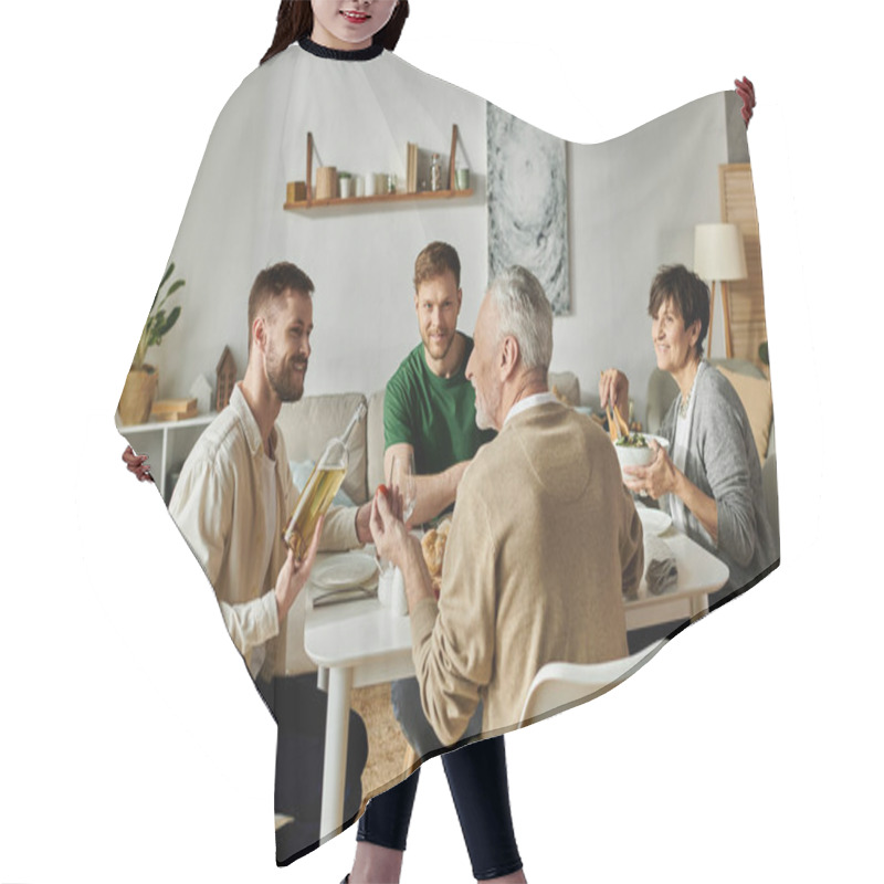 Personality  A Gay Couple Enjoys Dinner With Parents At Home. Hair Cutting Cape