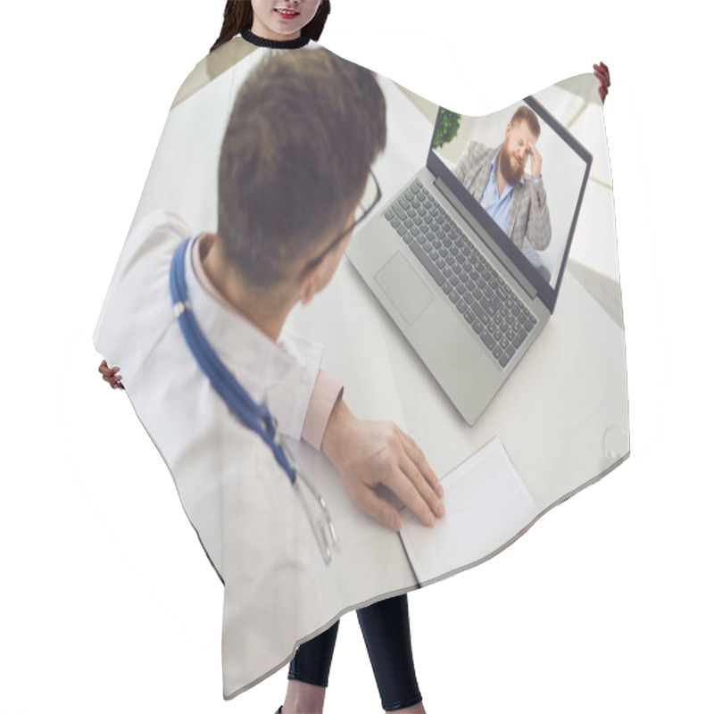 Personality  Physician At The Hospital Giving Online Consultation To Patient Using Modern Laptop Computer Hair Cutting Cape