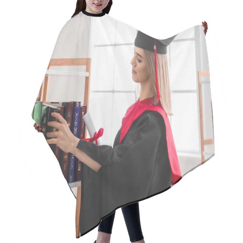 Personality  Female Graduate Student With Diploma Taking Book From Shelf In Library Hair Cutting Cape