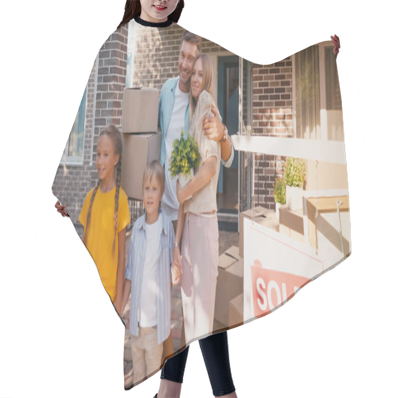 Personality  Joyful Family Holding Hands And Standing Near New House  Hair Cutting Cape