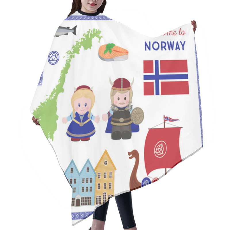 Personality  Welcome To Norway, Scandinavian Symbols Set Hair Cutting Cape