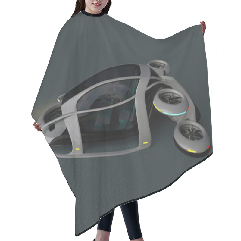 Personality   The Concept Of A Flying Car Is Possible. Side View. Isolated On A Grey Background. 3D Illustration. Hair Cutting Cape