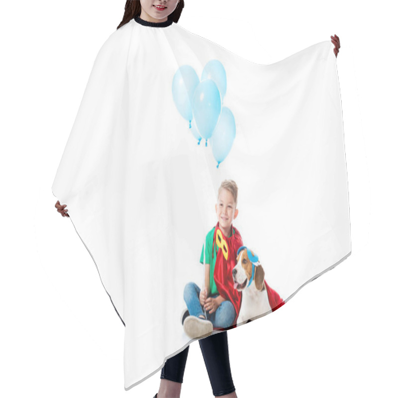 Personality  Smiling Preschooler Child And Beagle Dog In Red Hero Cloaks With Blue Party Balloons On White Hair Cutting Cape