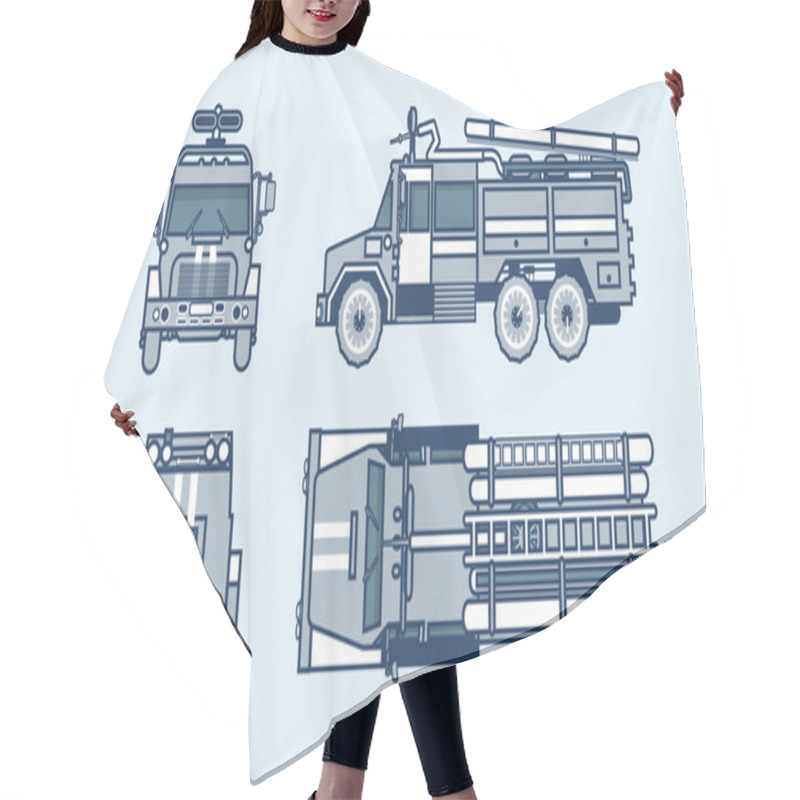 Personality  Red Fire Engine Top, Front, Side, Back View Line Style Hair Cutting Cape