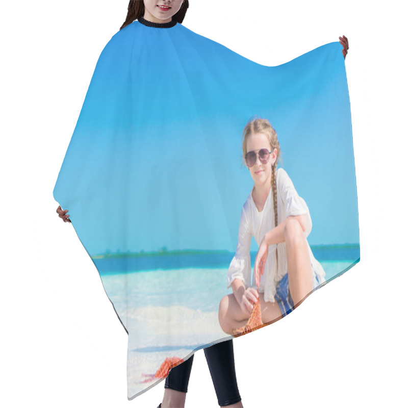 Personality  Adorable Little Girl With Starfish On White Empty Beach Hair Cutting Cape