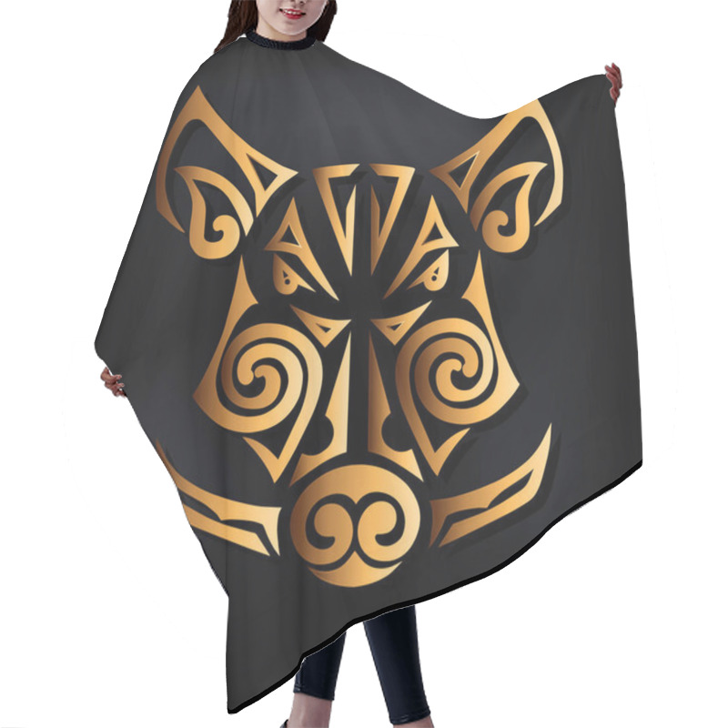 Personality  Golden Boar Head Isolated On Black Background. Stylized Maori Face Tattoo. Symbol Of Chinese 2019 New Year.  Vector Illustration. Golden Boar Mask Hair Cutting Cape