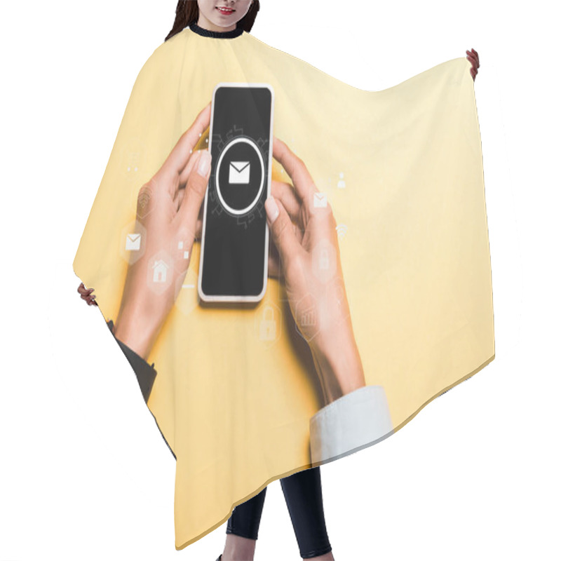 Personality  Cropped View Of Woman Holding Smartphone With Envelope On Screen On Orange Hair Cutting Cape