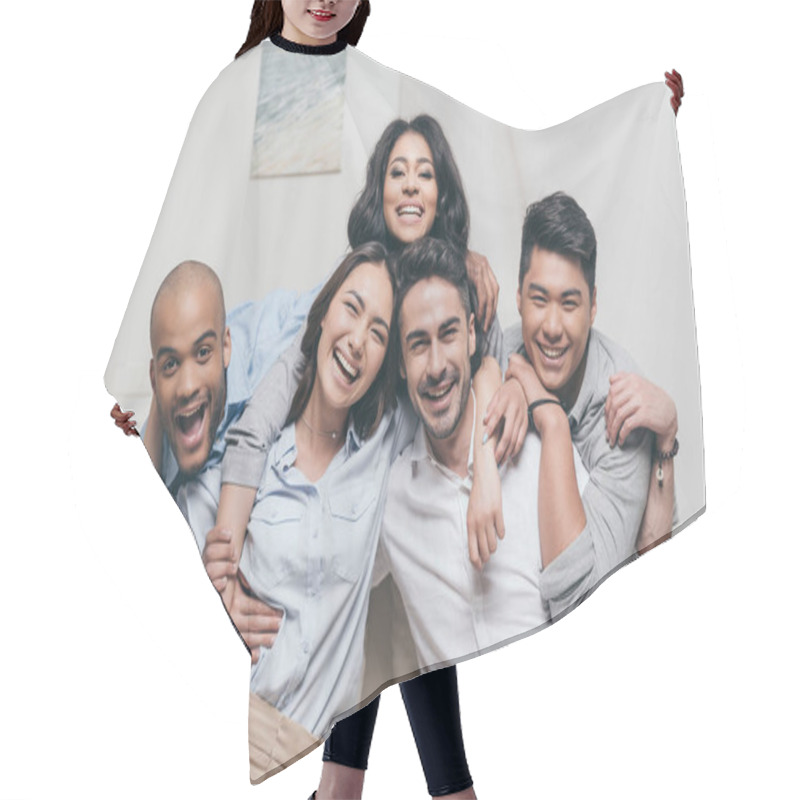 Personality  Young Cheerful Multiethnic Friends Hair Cutting Cape