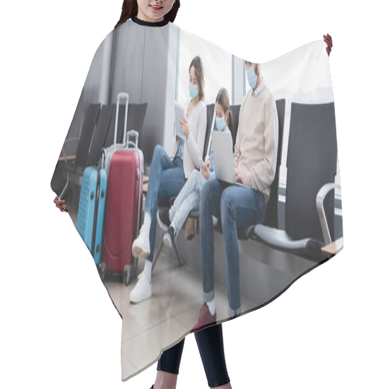 Personality  Family In Medical Masks Using Gadgets In Airport, Banner Hair Cutting Cape