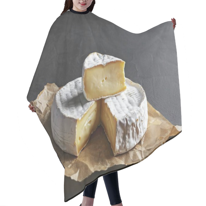 Personality  Camembert Cheese On Dark Background. This Image Was Generated With AI And Used A Reference Image. Hair Cutting Cape