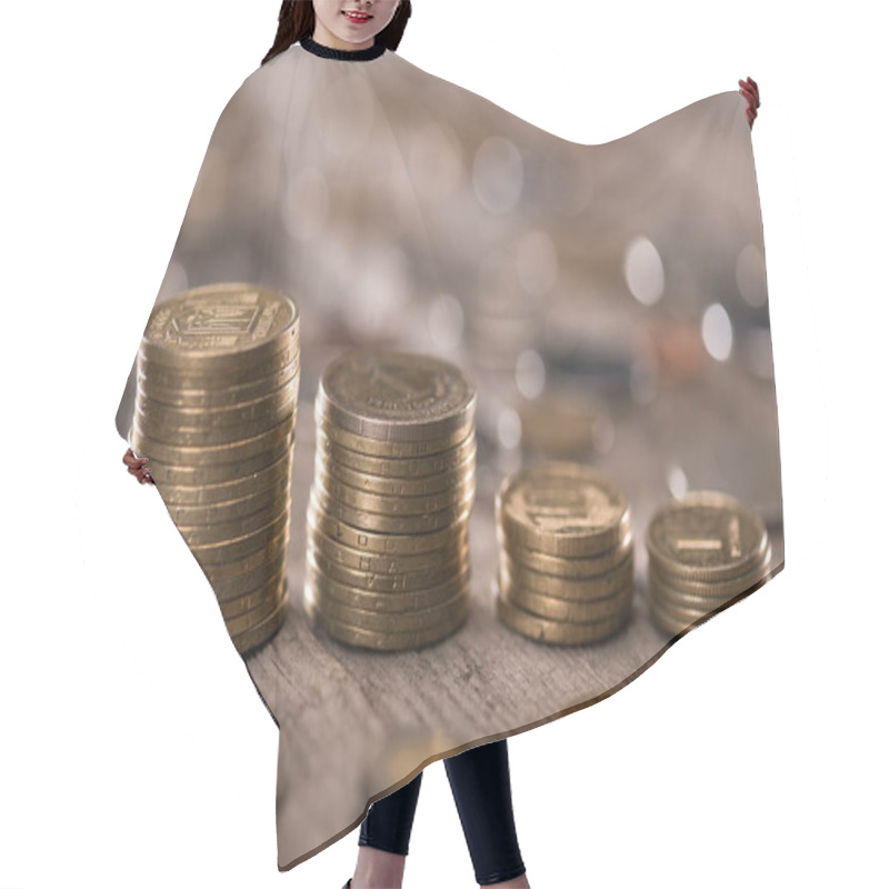 Personality  Stacks Of Coins On Wooden Tabletop Hair Cutting Cape