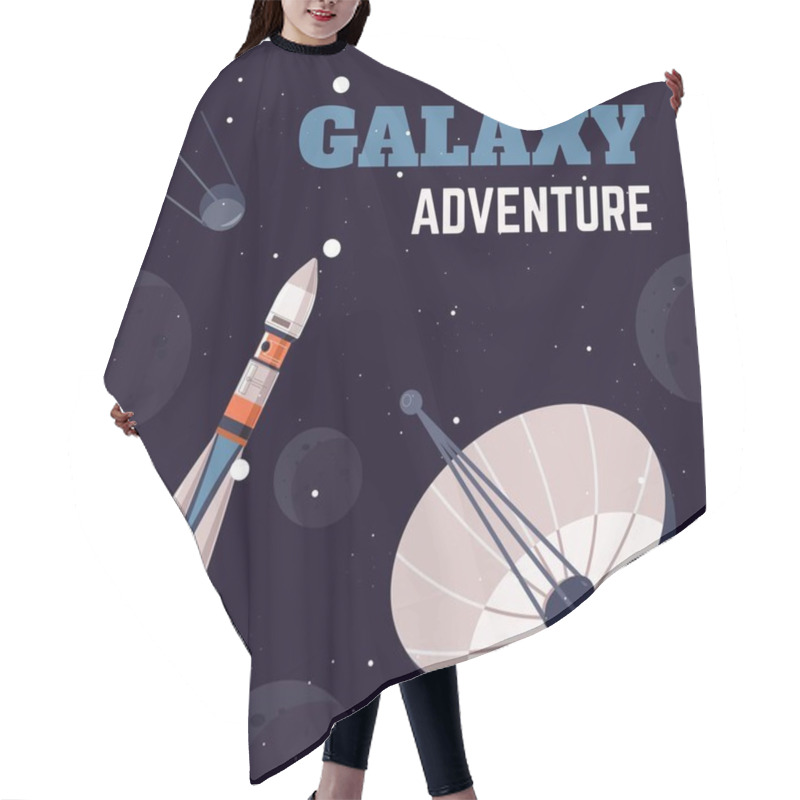 Personality  Outer Space, Universe And Galaxy Adventure. Exploration And Discovery Of New Life Forms With Help Of Techniques And Devices. Floating Rocket And Satellite, Antenna Gathering Info. Vector In Flat Style Hair Cutting Cape