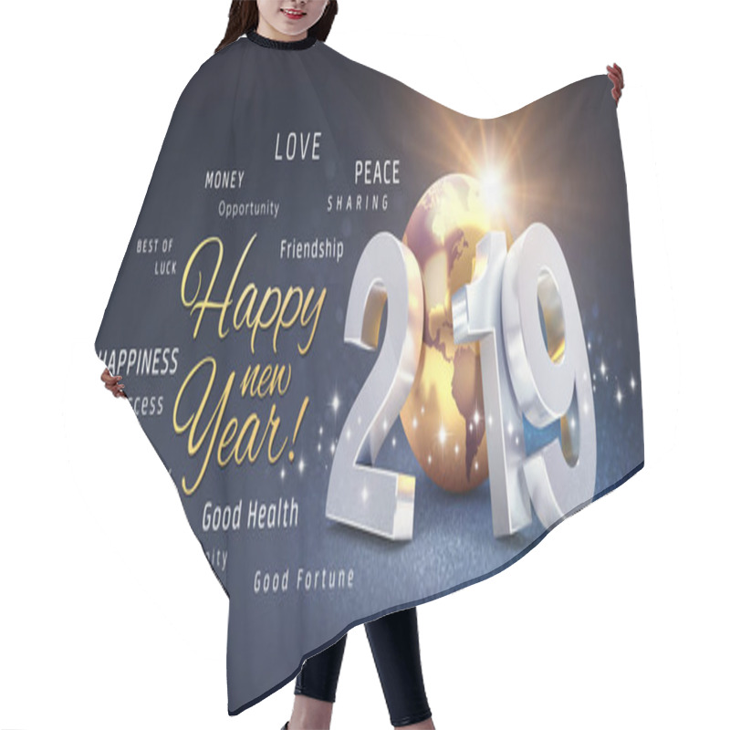 Personality  Happy New Year Greetings, Best Wishes And 2019 Date Number, Composed With Planet Earth Colored In Gold, On A Festive Black Background, With Glitters And Stars - 3D Illustration Hair Cutting Cape