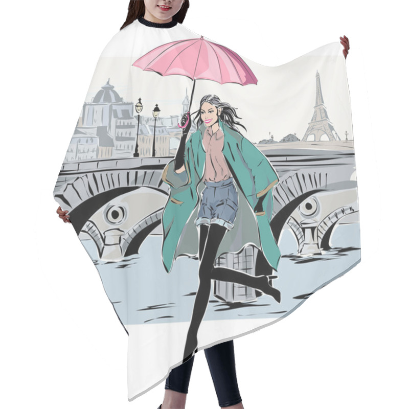 Personality  Fashion Model In Sketch Style Fall Winter With Paris City Background Hair Cutting Cape