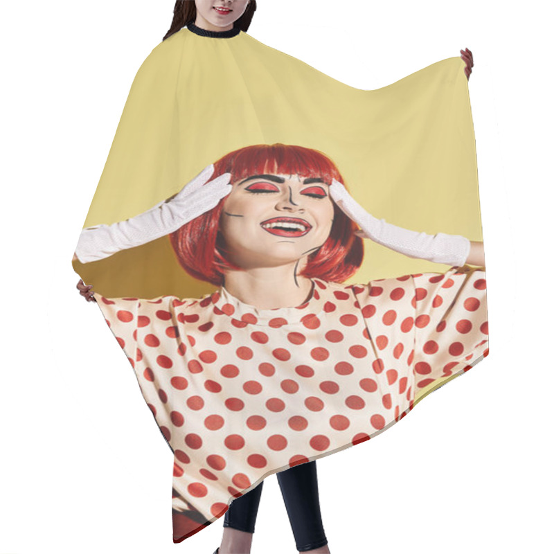 Personality  A Vibrant Redhead Woman In A Polka Dot Dress With Pop Art Makeup On A Yellow Background, Reminiscent Of A Comic Book Character. Hair Cutting Cape