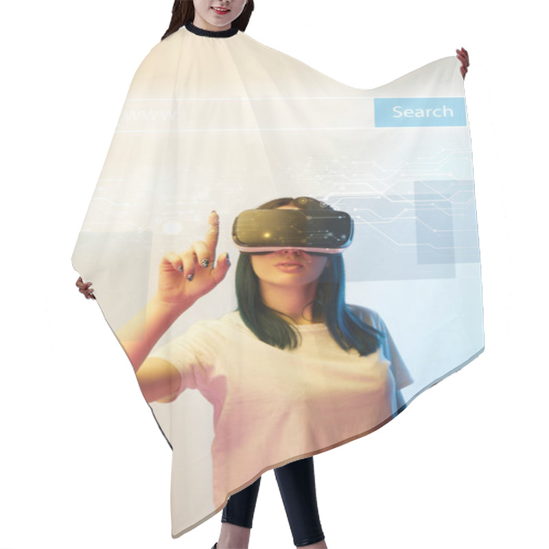 Personality  Young Woman In Vr Headset Pointing With Finger At Network Illustration With Search Bar Above Head On Beige And Blue Background Hair Cutting Cape