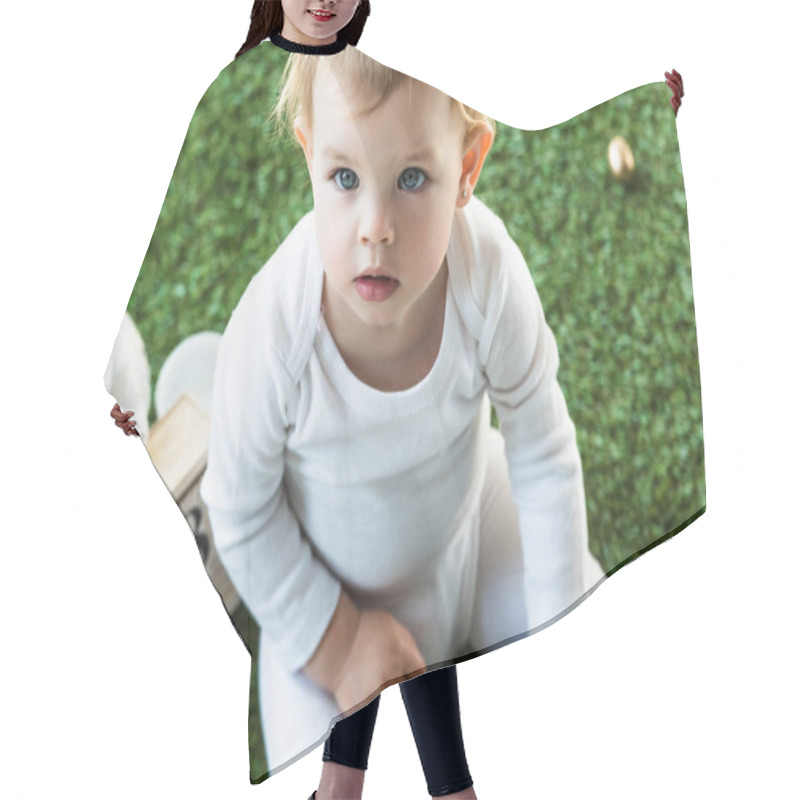 Personality  Adorable Child Sitting Near Wooden Calendar With 28 April Date And Decorative Rabbit Hair Cutting Cape