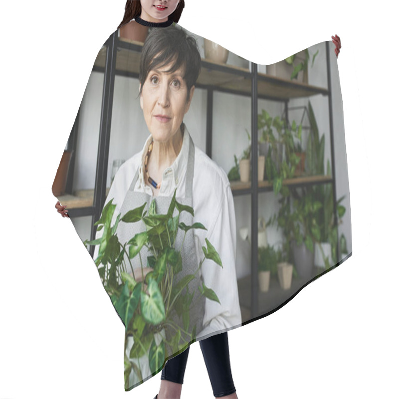 Personality  A Gardener Lovingly Tends To Her Lush Indoor Plants. Hair Cutting Cape