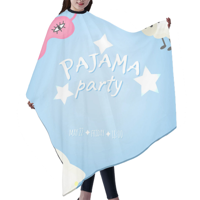 Personality  Vector Illustration With Sleeping Mask, Sheep, Feather, Pillow And Inscription Pajama Party In Soft Colors.  Hair Cutting Cape