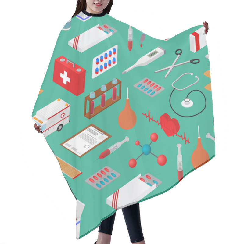 Personality  Medical Background Pattern On A GreenIsometric View. Vector Hair Cutting Cape