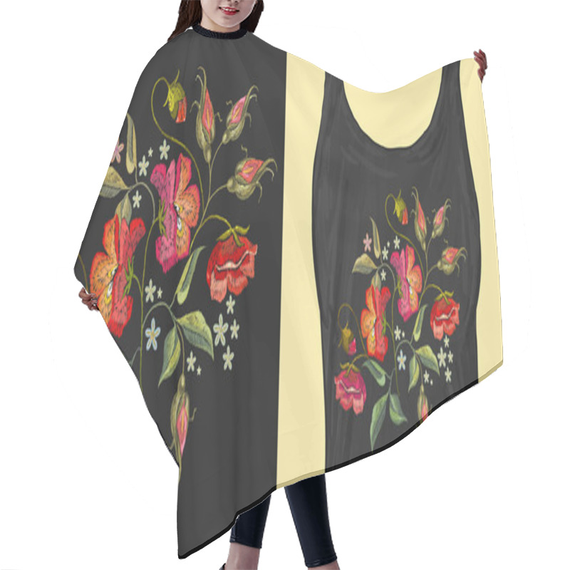 Personality  Embroidery Red Poppies Flowers Classical Embroidery Hair Cutting Cape