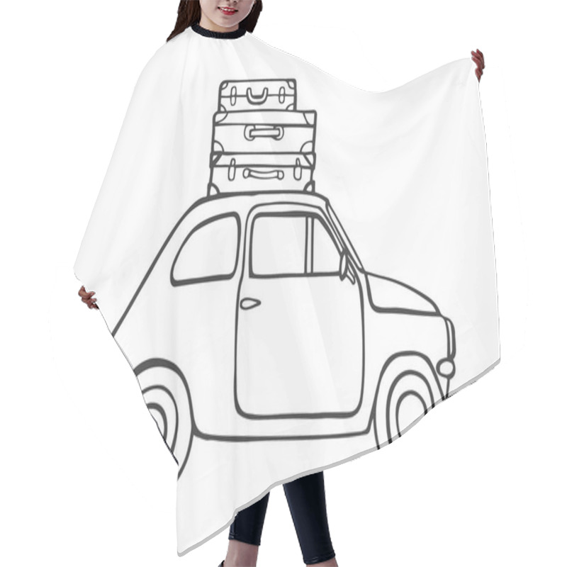 Personality  Sketch Of Traveling By Old Car. Vector Illustration. Hair Cutting Cape