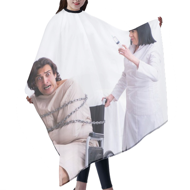 Personality  The Old Female Psychiatrist Visiting Young Male Patient Hair Cutting Cape