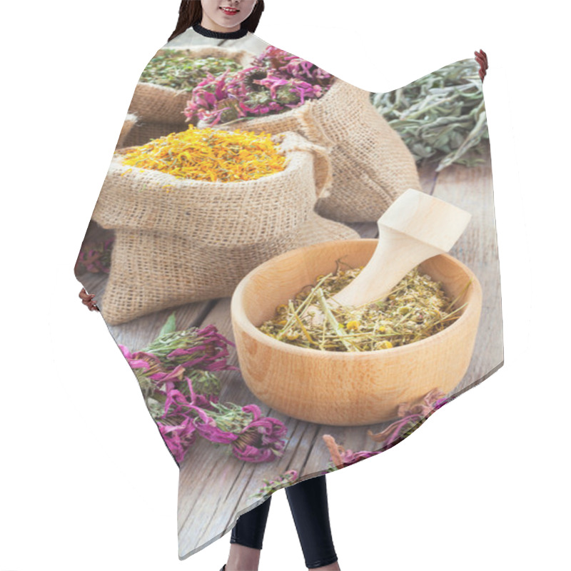 Personality  Healing Herbs In Wooden Mortar And In Hessian Bags, Herbal Medic Hair Cutting Cape