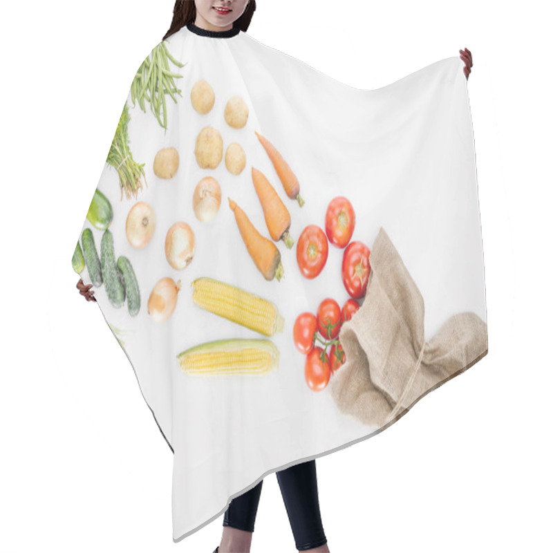 Personality  Top View Of Fresh Raw Vegetables And Sackcloth Arranged Isolated On Whit Hair Cutting Cape