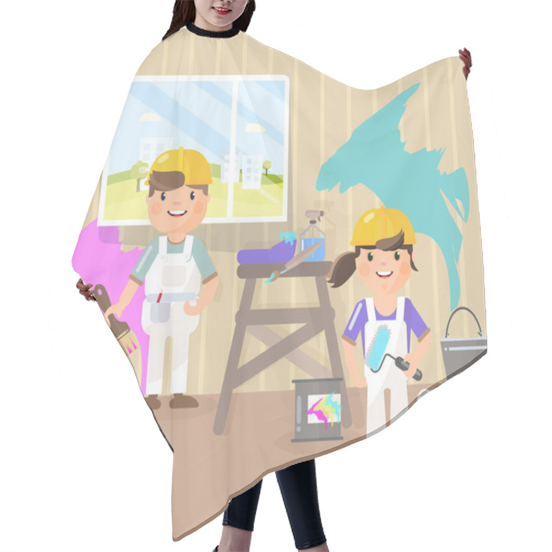 Personality   Vector Picture In The Style Of Flat, Cartoon. Painters Paint The Room, Pick Up The Color. Hair Cutting Cape