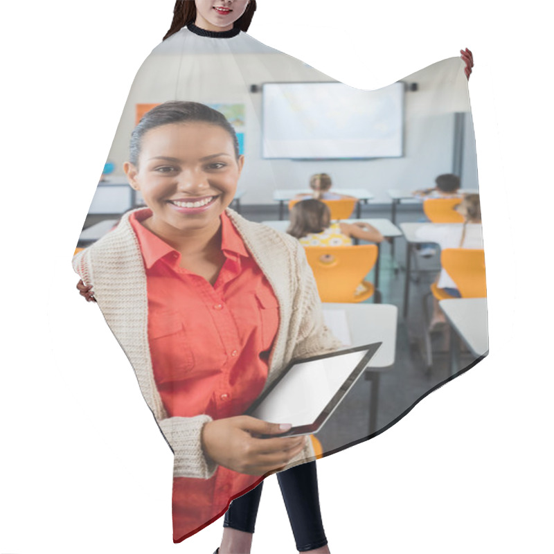 Personality  Teacher Posing With Her Tablet Hair Cutting Cape